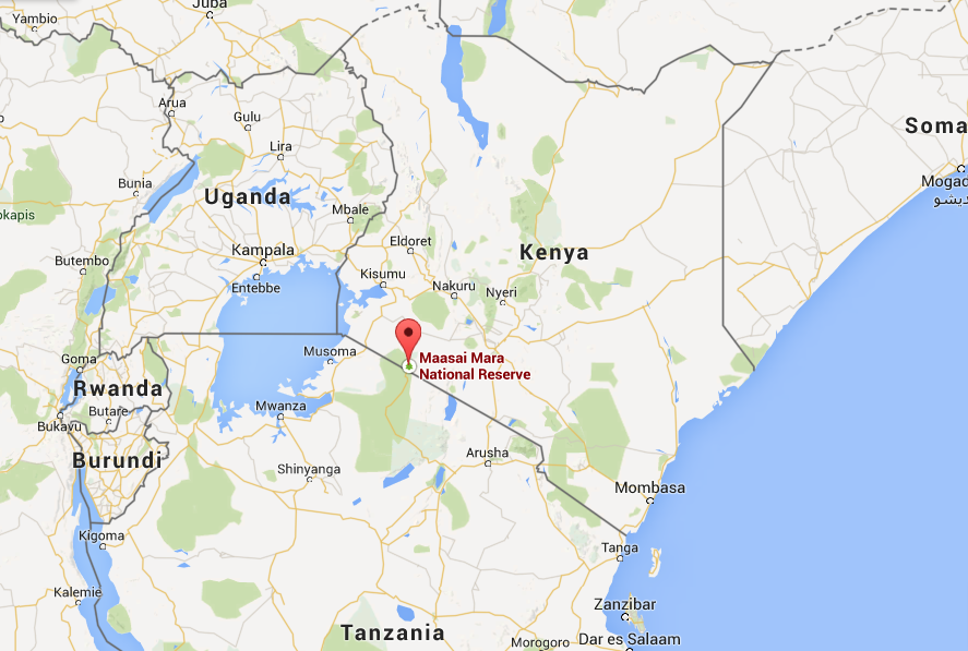 map of kenya with marker at masai mara national reserve