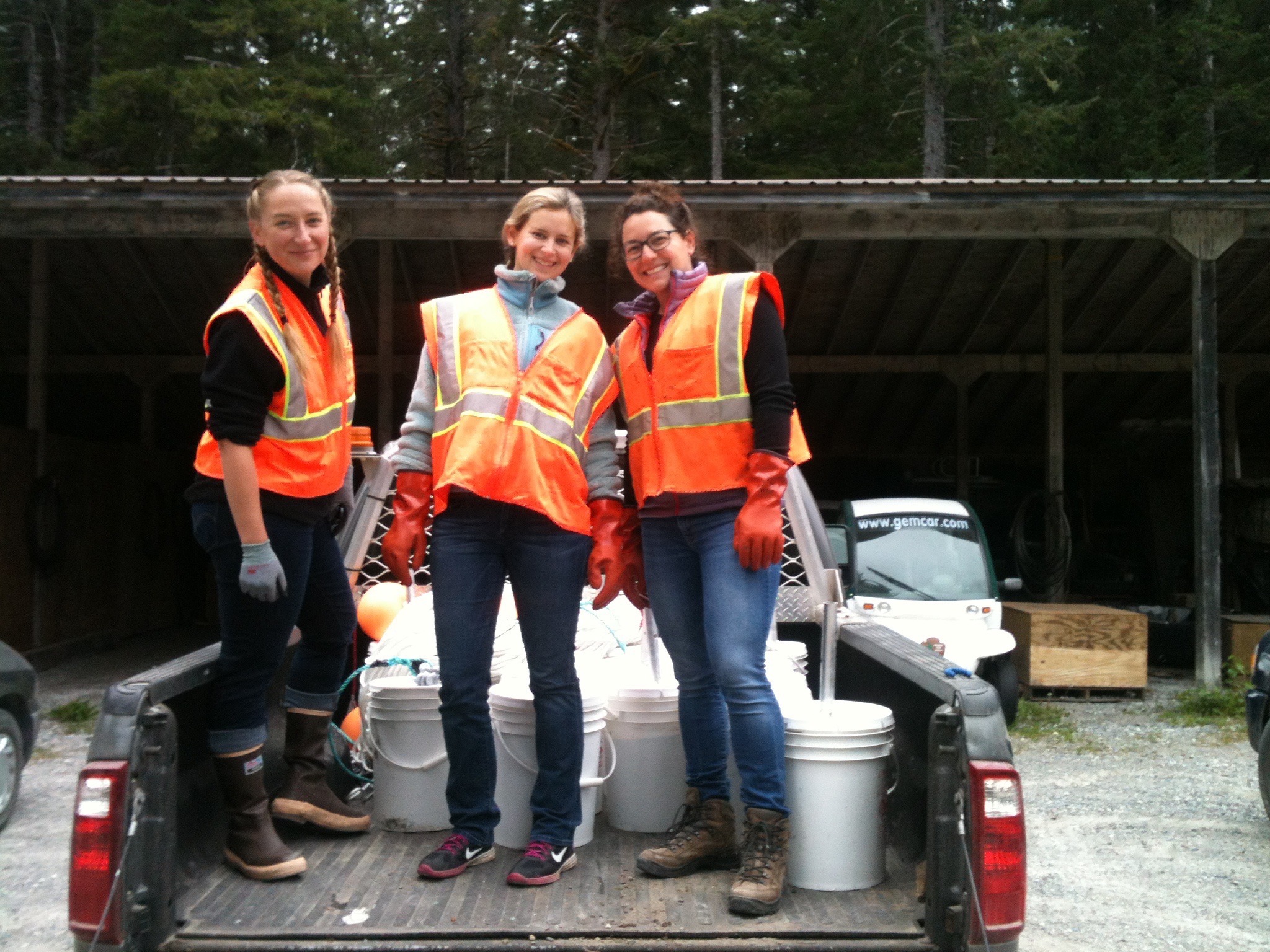 lab members standing on bed of truck